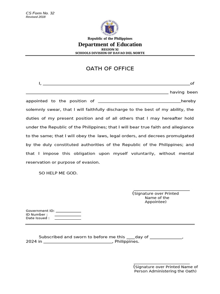 Oath of Office CS Form No. 32 Philippines | PDF