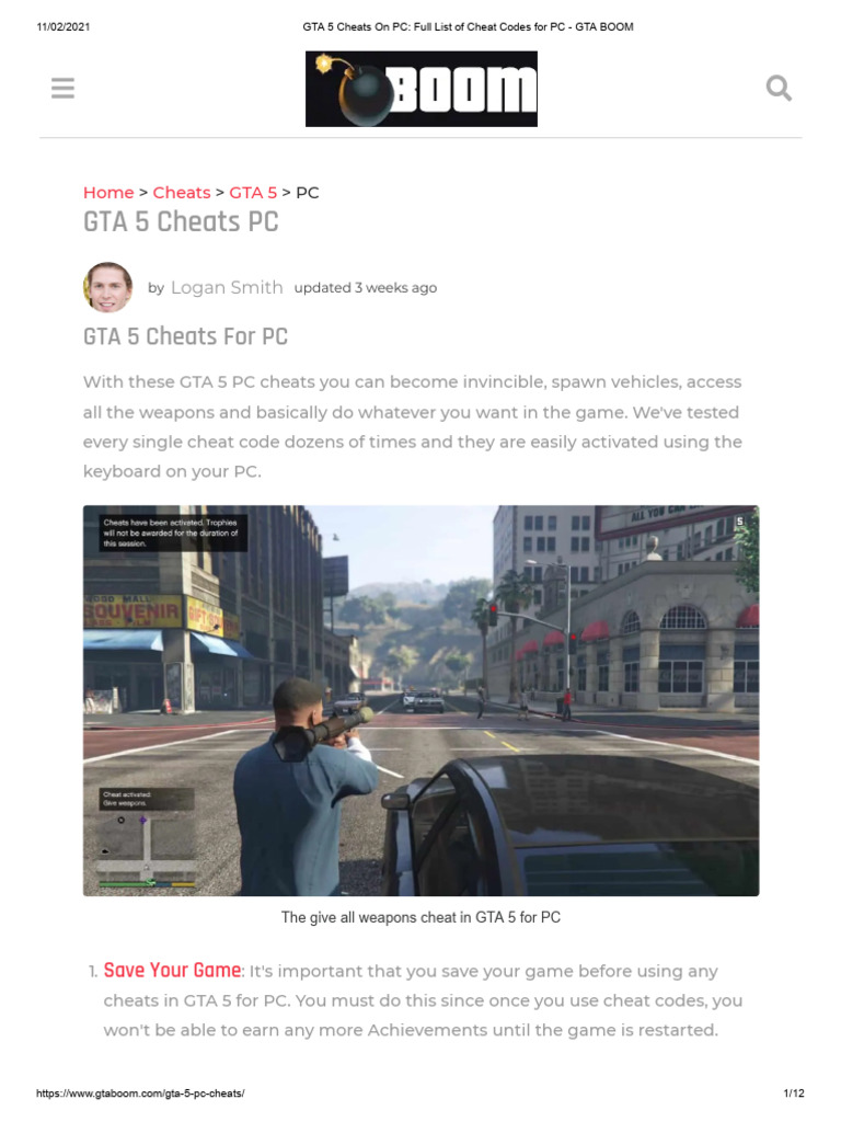 GTA 5 Cheats On PC - Full List of Cheat Codes For PC - GTA BOOM | PDF