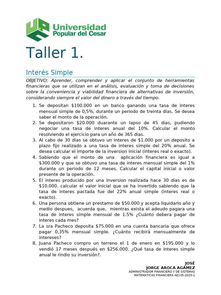Taller 1 Matematicas Fra INTERES SIMPLE 2025-1 | PDF | Interés | Tasas ...