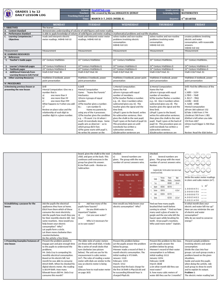 Grade 6 Math Daily Lesson Log | PDF | Mathematics | Consumption (Economics)