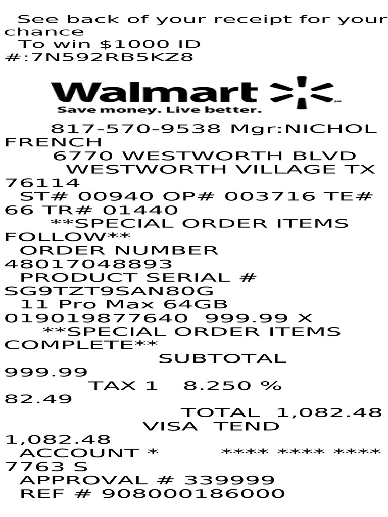 Walmart Receipt and Special Order Details | PDF