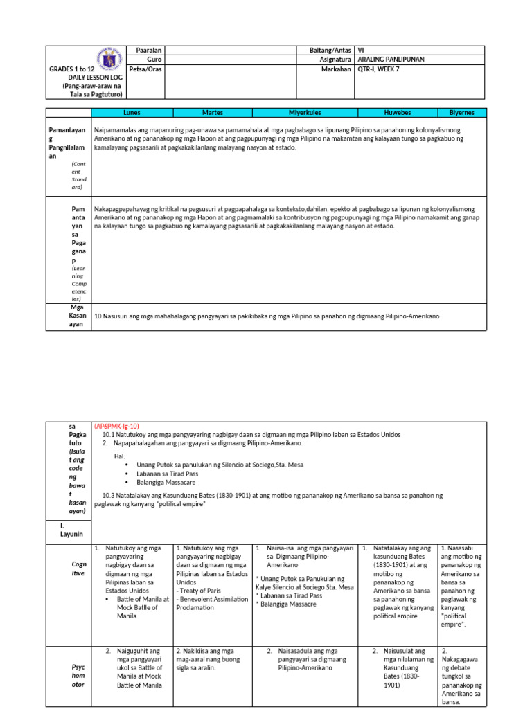 Aral Pan Grade 6 q1 Week 7 | PDF