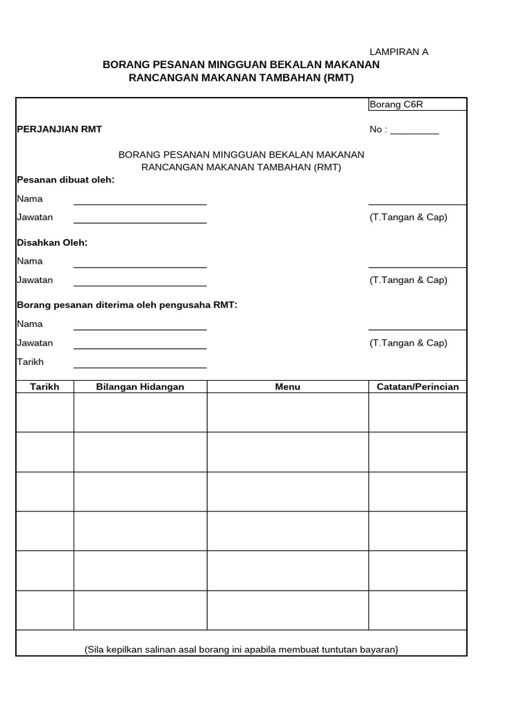 Borang Pesanan RMT Mingguan | PDF