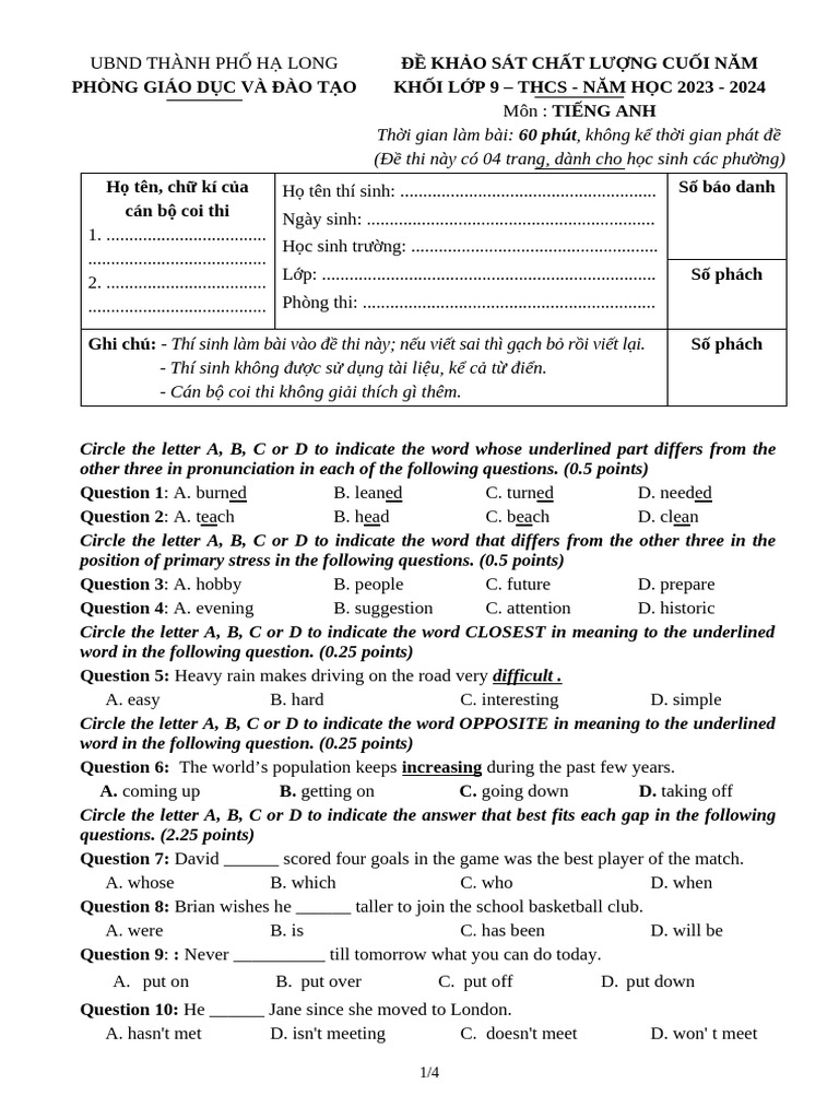 English Exam for 9th Grade Students | PDF | Question