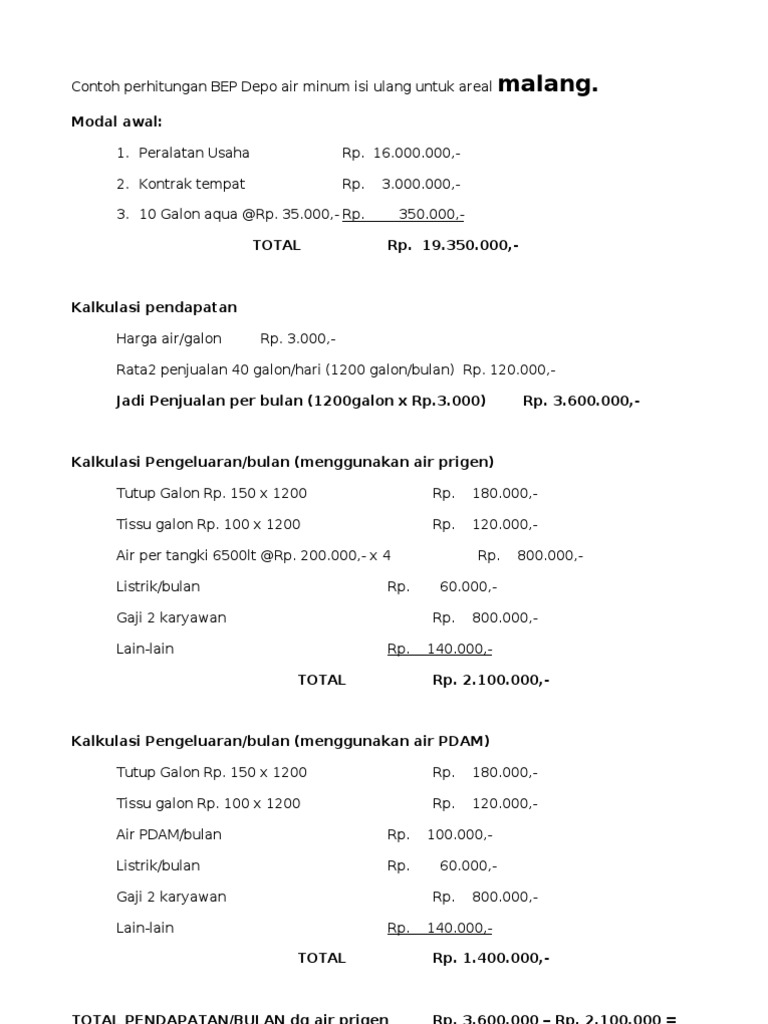 Contoh Perhitungan Bep Depo Air Minum Isi Ulang