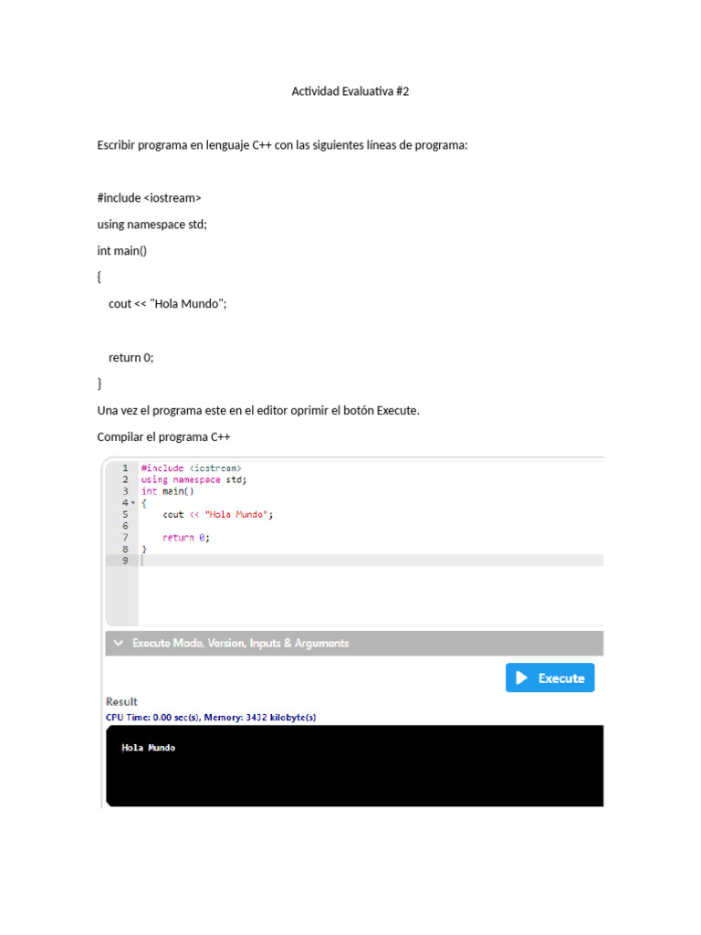 Programa C++: Hola Mundo y Evaluación | PDF