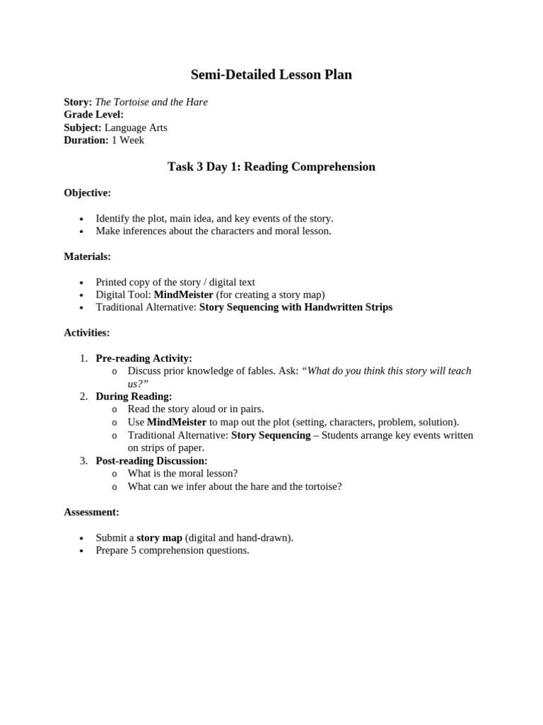 Lesson Plan: The Tortoise and the Hare | PDF | Reading Comprehension | Verb