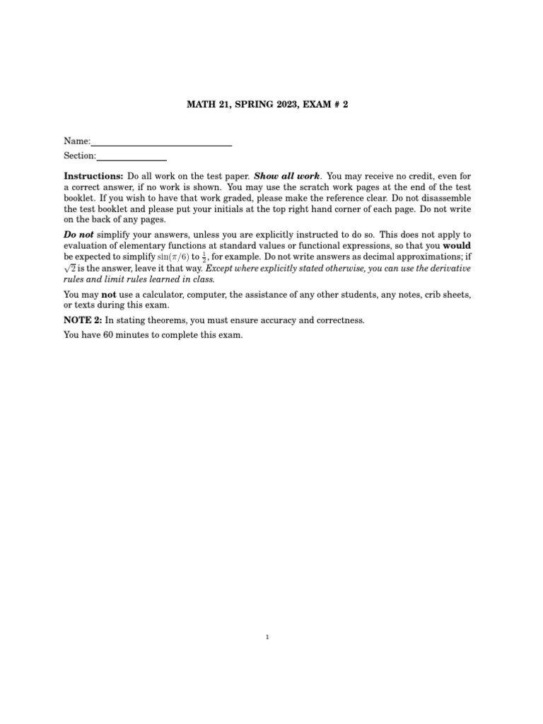 Math 21 Spring 23 Exam 2 | PDF | Mathematics | Mathematical Objects