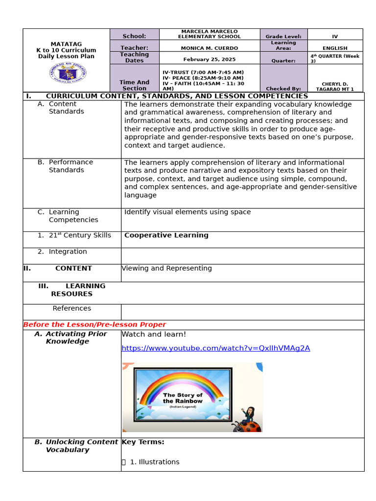 Grade IV English Lesson Plan on Visual Elements | PDF | Composition ...