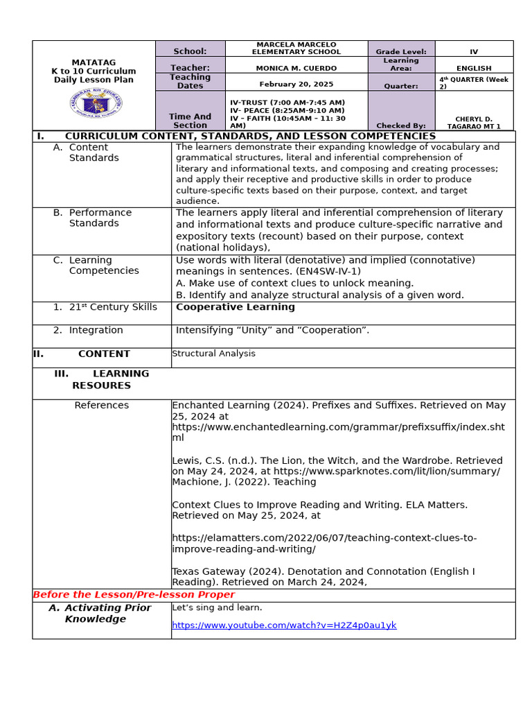 Quarter 4 English Week 2 Day 4 | PDF | Word | Learning
