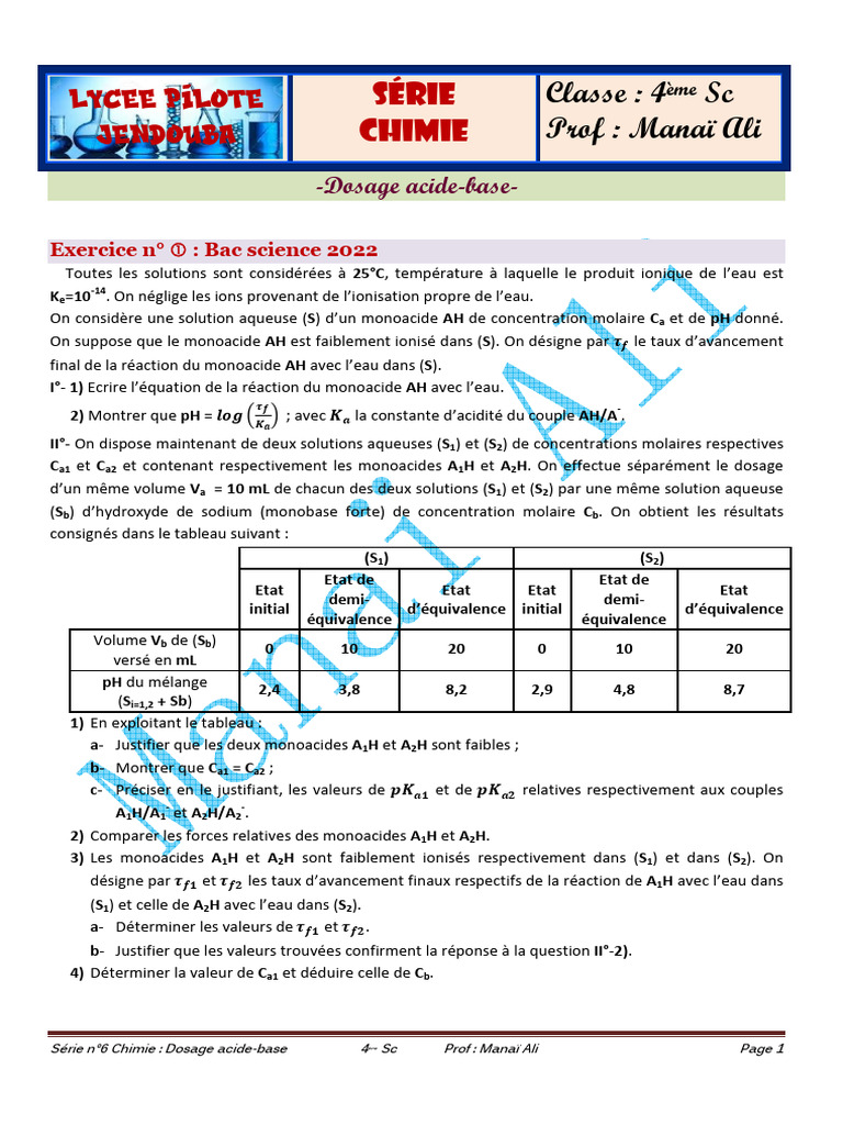 Dosage acide-base en chimie 4ème Sc | PDF | Ph | Concentration molaire