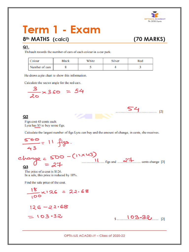 8th Grade Maths Exam - Optimus Academy | PDF