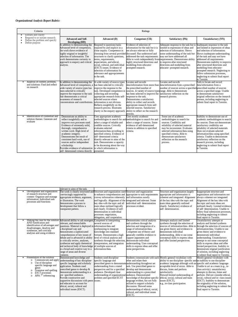 Organizational Analysis Report Rubric | PDF | Critical Thinking ...