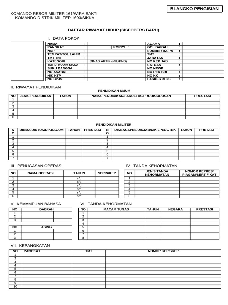 Blangko Riwayat Hidup TNI | PDF