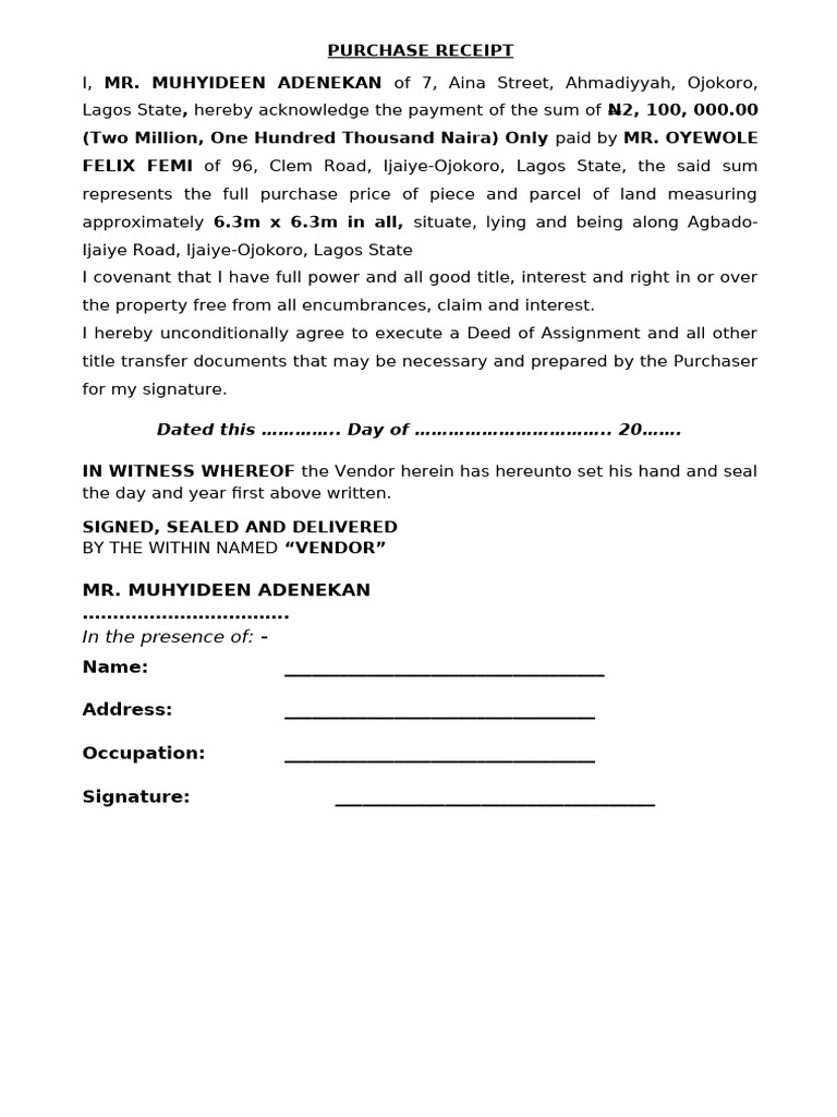 Land Purchase Receipt by Mr. Nnebe | PDF