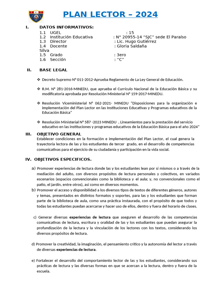 Plan Lector 2024 para 3er Grado SJC | PDF | Información | Aprendizaje