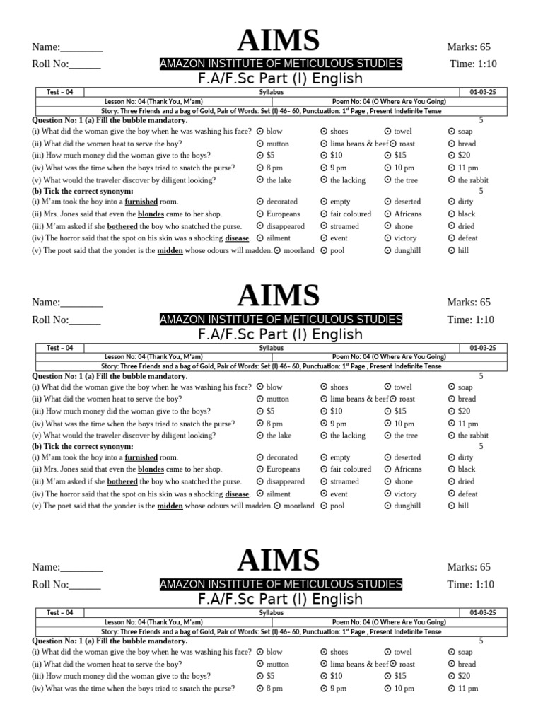F.A F.SC Part (I) Test Test No 4 | PDF