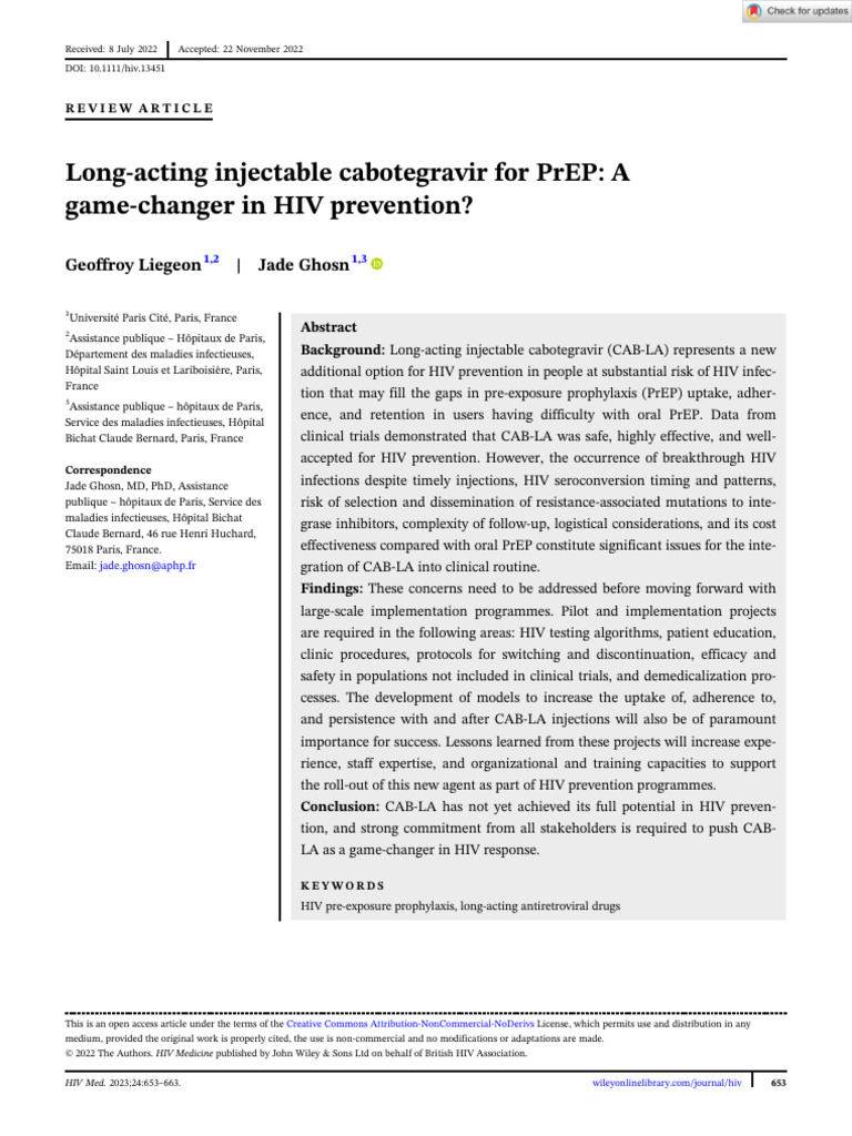 HIV Medicine - 2022 - Liegeon - Long%E2%80%90acting injectable ...