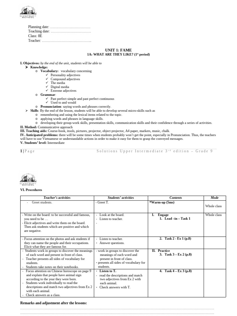 Teaching Plan for Unit 1: Fame | PDF | Vocabulary | Phrase