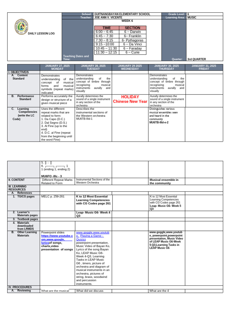 Grade 6 Music Lesson Plan Week 6 | PDF | Orchestras | Musical Instruments
