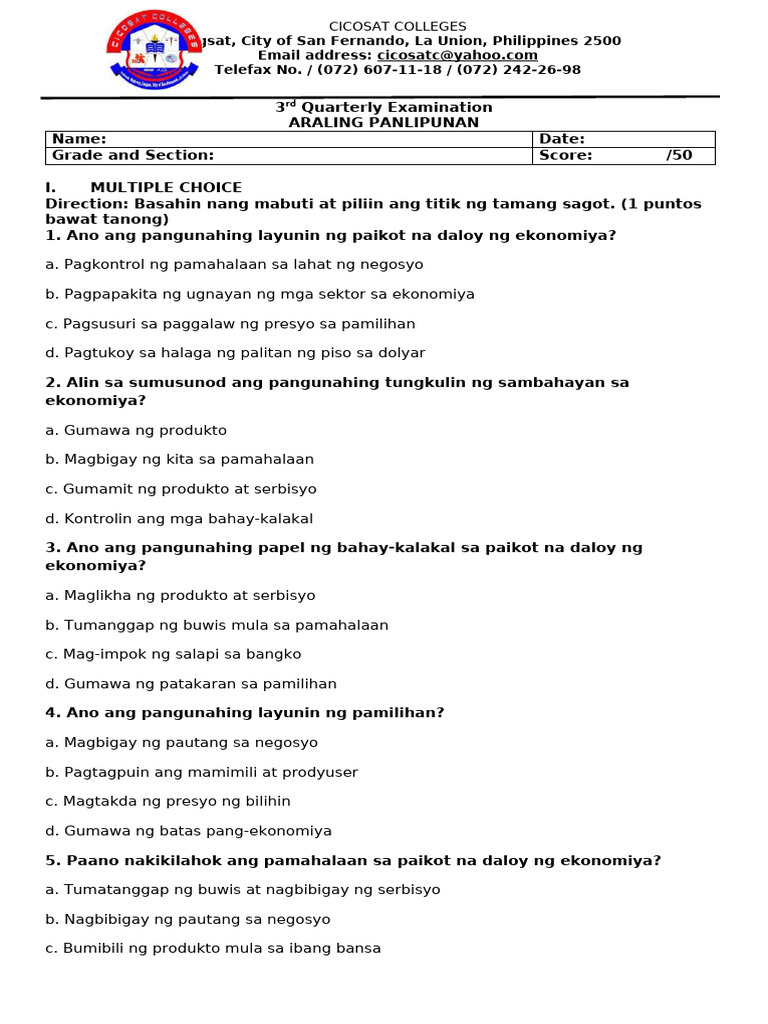 3rd Quarterly Examination AP 9 | PDF