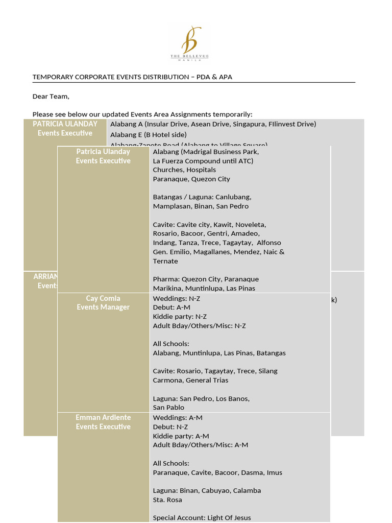 TEMPORARY Events Area Assignments | PDF