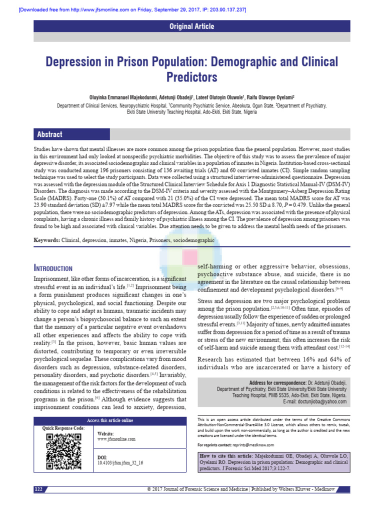 Depression in Prison Population Demographic and CL | PDF | Major ...
