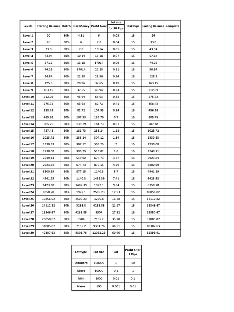 20 Pips Challenge Lot Size Guide | PDF | Economies