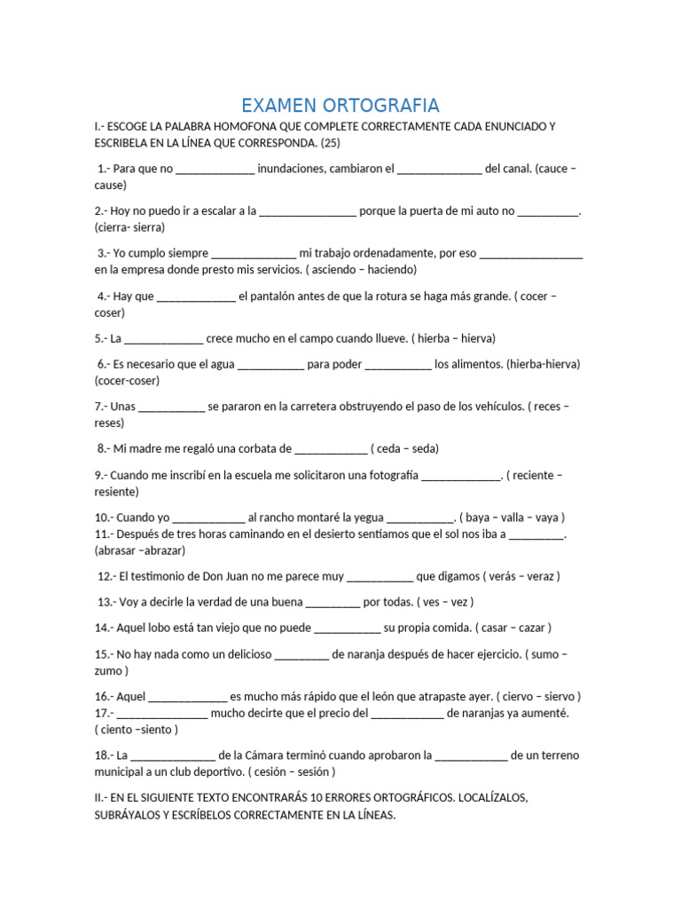 Examen de Gramática y Ortografía | PDF
