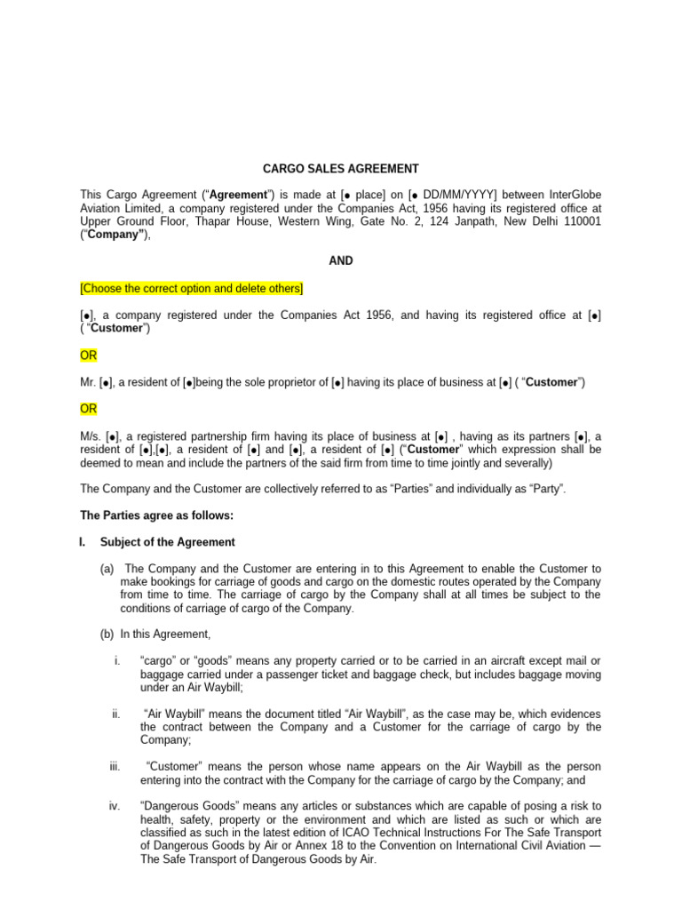 Cargo Agreement for Businesses | PDF | Indemnity | Payments