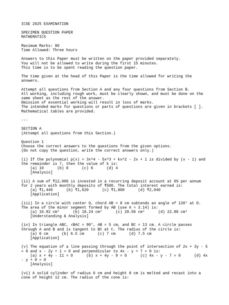 ICSE 2025 Mathematics Specimen Paper | PDF | Circle | Perpendicular