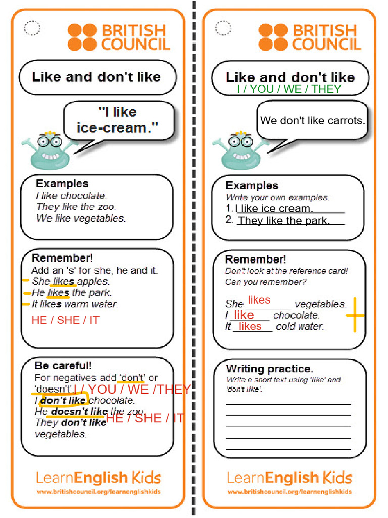 Grammar Practice Reference Card Like and Dont Like | PDF