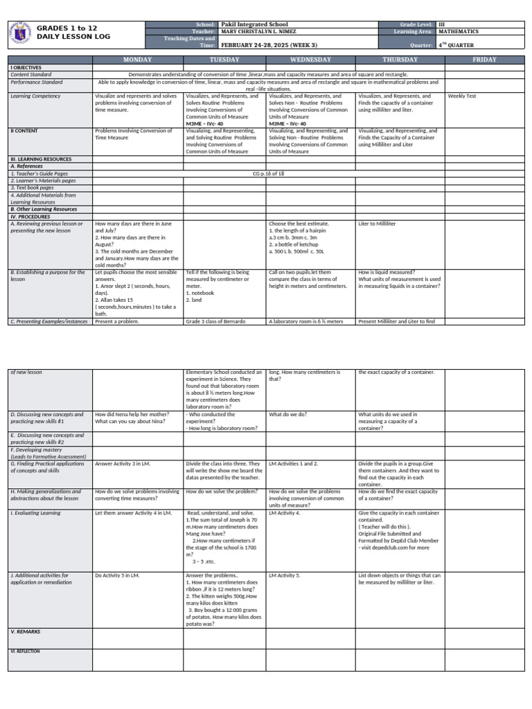 Grade 3 Math Daily Lesson Plan | PDF | Learning | Differentiated ...
