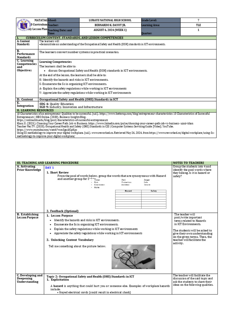 TLE Grade 7 Daily Lesson Plan: OSH in ICT | PDF | Educational ...