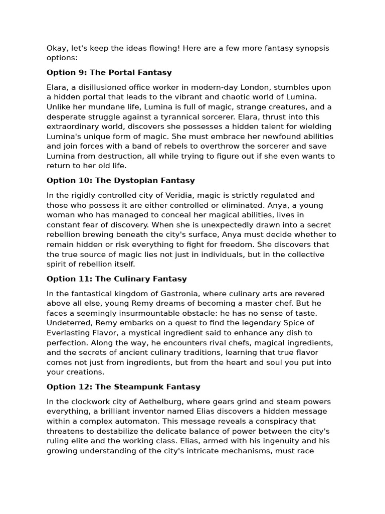 Fantasy Synopsis Ideas for Writers | PDF