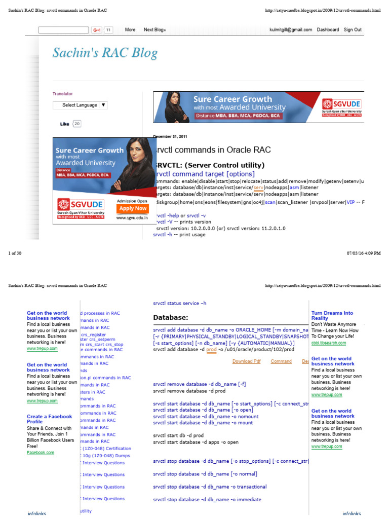 Sachin's RAC Blog: SRVCTL Commands in Oracle RAC | PDF | Facebook ...