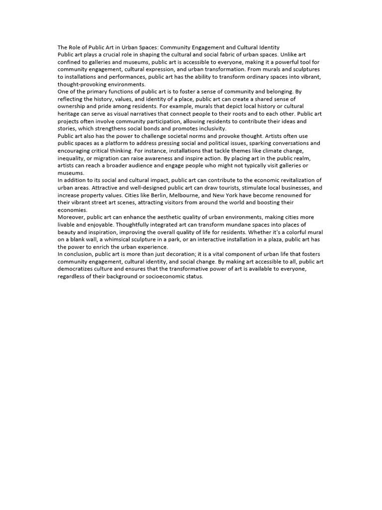 The Role of Public Art in Urban Spaces | PDF | Installation Art | Mural
