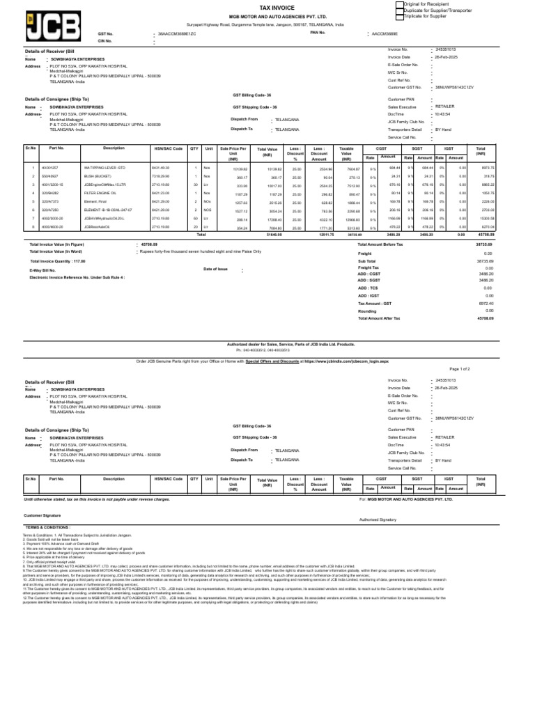 GST Tax Invoice for JCB Parts | PDF | Invoice | Economies