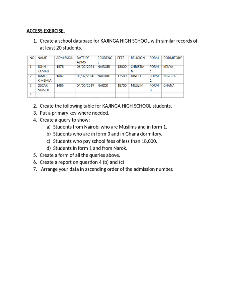 Kajinga High School Database Exercise | PDF