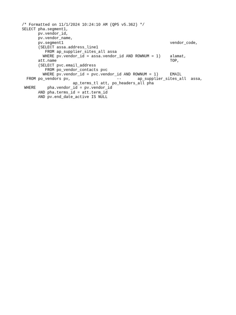 Vendor Information SQL Query | PDF