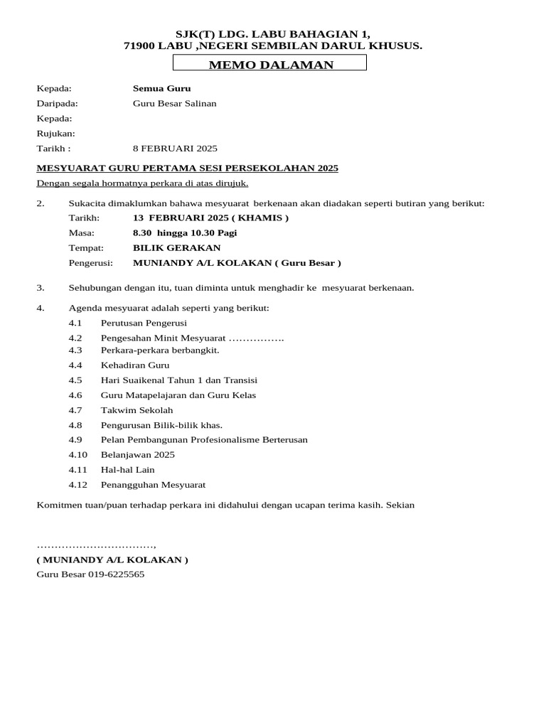 Memo Mesyurat Guru Bil 1 2025 | PDF