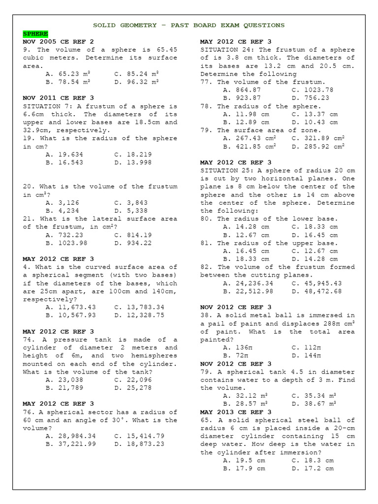 Solid Geometry Exam Questions | PDF | Sphere | Volume