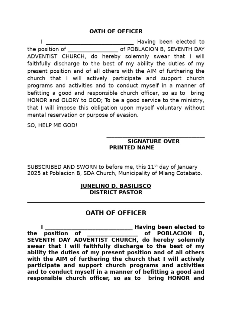 Oath of Office for SDA Church Officers | PDF | Christian Eschatology ...