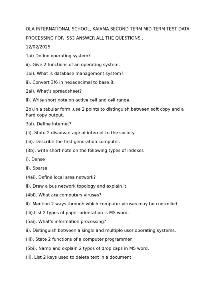 SS3 Data Processing Mid-Term Test Guide | PDF