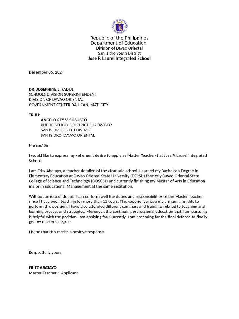 Master Teacher-1 Application Letter | PDF
