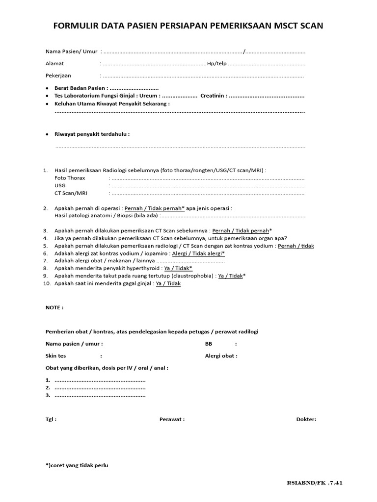 Formulir Persiapan MSCT Scan Pasien | PDF