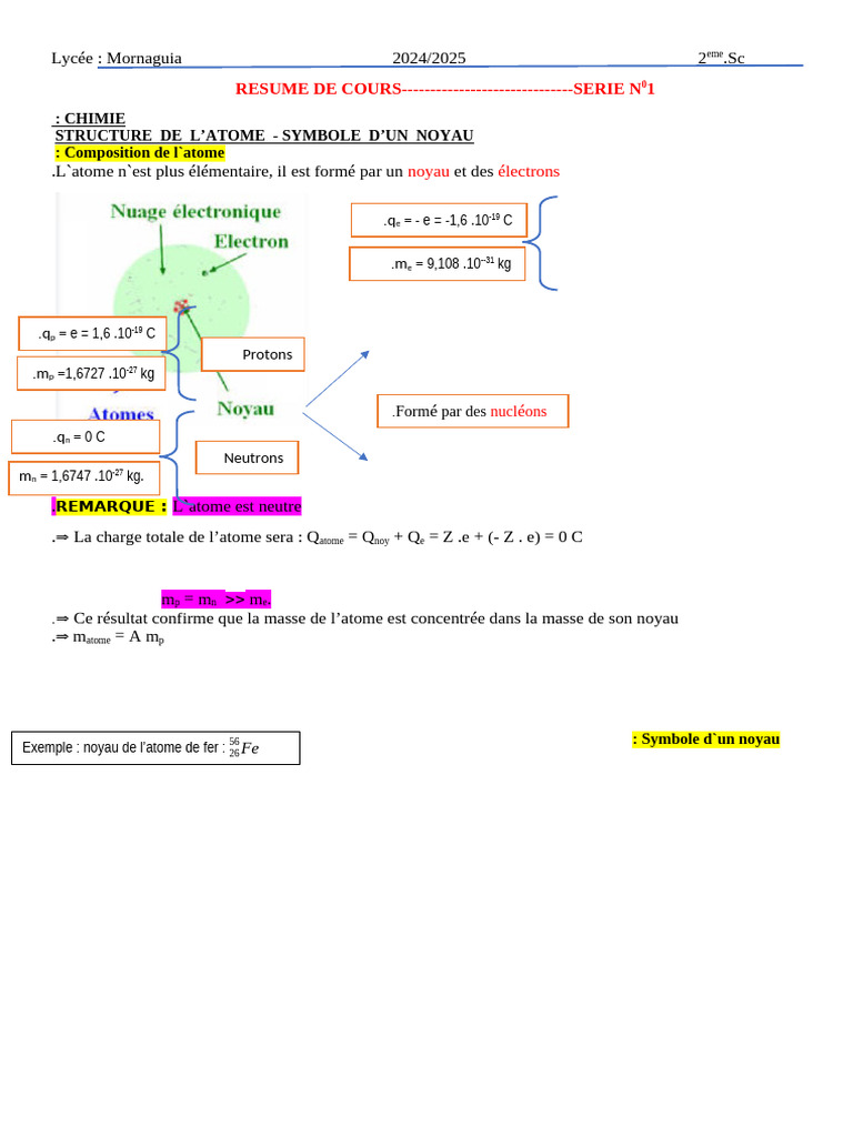 Cours de chimie et physique 2ème SC 2024 | PDF | Noyau atomique ...