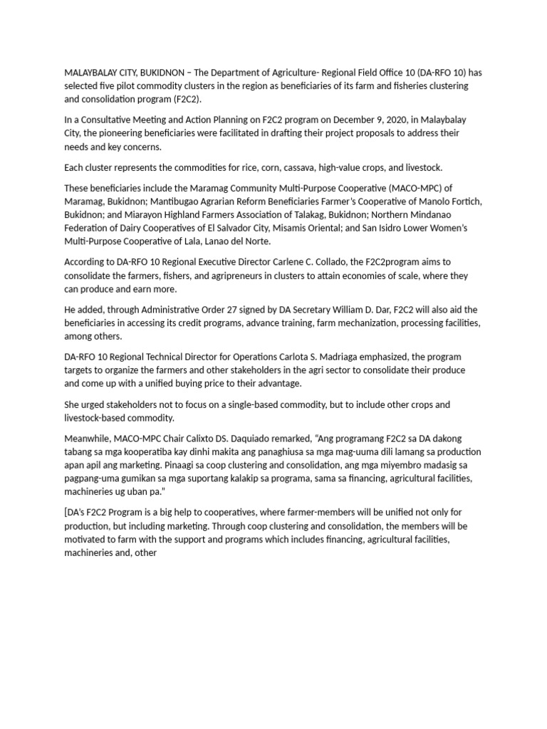 DA-RFO 10 Launches F2C2 Program in Bukidnon | PDF | Agriculture | Food ...