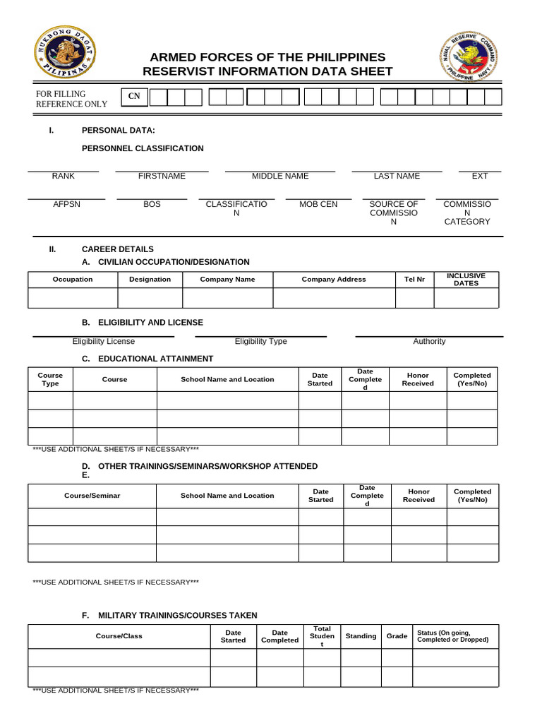 Reservist Information Data Sheet | PDF | Government