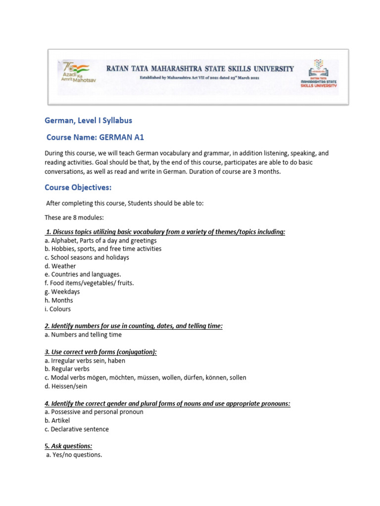 German A1 Course Syllabus Overview | PDF